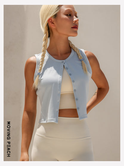 MOVING PEACH Women Sports Tank top Comfort Modal Button-front Ribbed Crop top Breathable Yoga Top Gym Running Dance Daily wear AVK