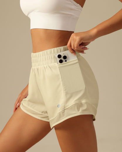 MOVING PEACH Women Sports Shorts High Waist Mesh Stitching Breathable Running With Inner Shorts BPB
