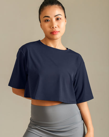 MOVING PEACH Women Sports T-shirts Relaxed Fit Breathable Yoga Crop Top Soft Classic crew neckline Running Short sleeves Fitness Dance Daily Wear ATL(new)