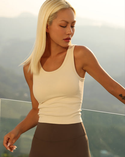 MOVING PEACH Sports Tank Top Ribbed High Neck Crop Top Soft Thick Fabric Slim Fit Racerback Padded Top EVL