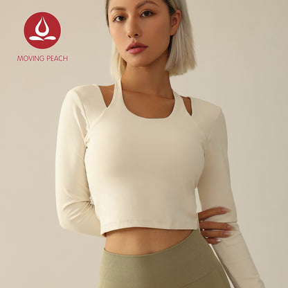 MOVING PEACH Women Halter Top Soft Yoga Sports Longsleeve Removable Cups Pilates Dance Crop Top With Thumbhole ASE