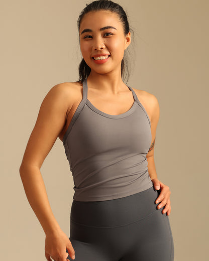 MOVING PEACH Women Sports Tank Top Cross Hollow Back Design Yoga Top Comfort Fixed Bra Cups Gym Pilates Dance Daily wear CVF