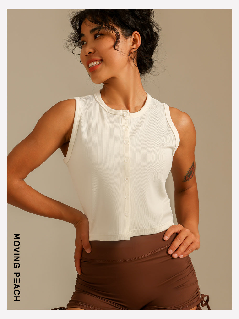 MOVING PEACH Women Sports Tank top Comfort Modal Button-front Ribbed Crop top Breathable Yoga Top Gym Running Dance Daily wear AVK