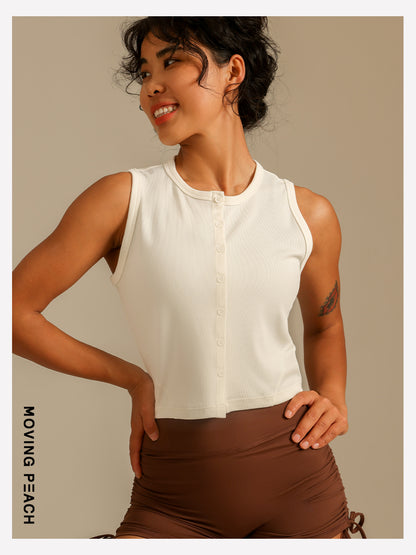 MOVING PEACH Women Sports Tank top Comfort Modal Button-front Ribbed Crop top Breathable Yoga Top Gym Running Dance Daily wear AVK