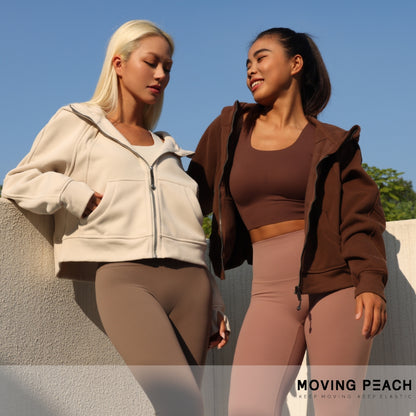 MOVING PEACH Coat for Women Oversized Full-Zip Hoodie Warm Brushed Outdoor Sports Cropped Jacket with Wind-proof Hood BSHL
