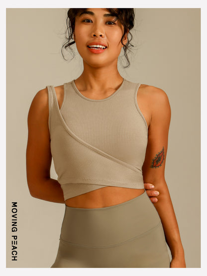 MOVING PEACH Women Sports Bra 2-in-1 illusion Slim fit Asymmetrical strap detail Crop Top Soft Fixed Bra Cups Yoga Top Fitness Dance Daily wear CBX
