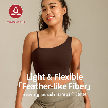 MOVING PEACH Women Sports Bra Asymmetrical strap detail Yoga Top Soft Fixed Bra Cups Crop Top Gym Dance Daily wear CBJ