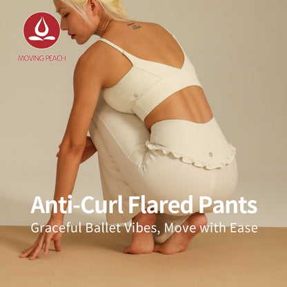 MOVING PEACH Women Flared Pants High-rise Hip-lifting Bell-bottoms with Lace Detail Comfort Yoga Pilates Dance Daily wear ALB