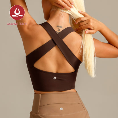MOVING PEACH Women Sports Tank Top Wide Shoulder Straps Cross-Back Yoga Top Breathable Soft Removable Bra Cups Gym Dance Daily wear BVX2
