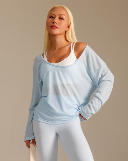 MOVING PEACH Women Yoga Longsleeve Relaxed-Fit Large U-neck Sweatshirt Pilates Dance Sports Daily wear ASO