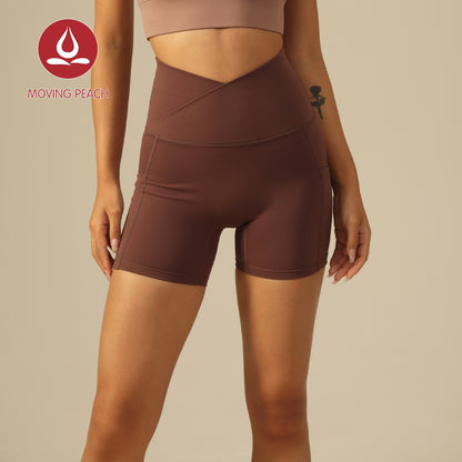 MOVING PEACH Women Cycling Shorts Breathable Quick Dry V-shaped Waistband Design Sports Running Shorts With Two Side Pockets ACN