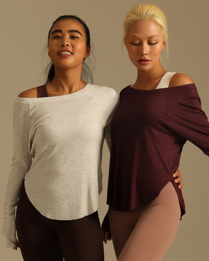 MOVING PEACH Women Sweatshirt Relaxed-Fit Boatneck Yoga Gym Long-Sleeve Shirt Breathable Sweat-wicking Side slits Top Running Dance Daily wear CSE