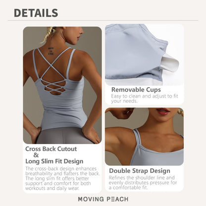 MOVING PEACH Tank Top Woman Breathable Pilates Yoga Top Quick Drying Multi-cross Camisole Sports Fitness Running Dance Sleeveless Top With Removable Pads AVH