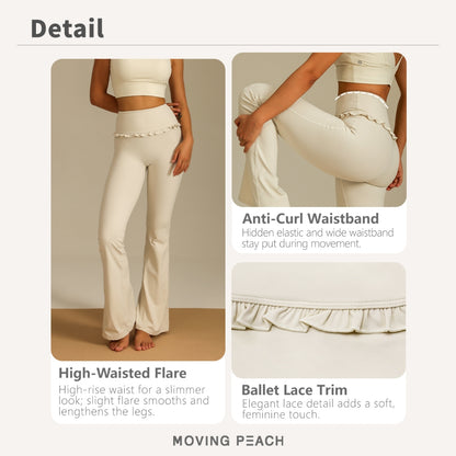 MOVING PEACH Women Flared Pants High-rise Hip-lifting Bell-bottoms with Lace Detail Comfort Yoga Pilates Dance Daily wear ALB