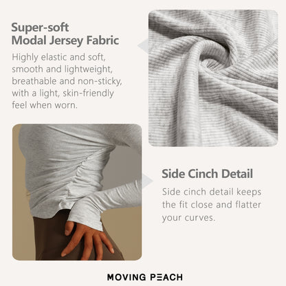 MOVING PEACH Women Modal Ribbed Long Sleeve Slim Fit Pilates Yoga Top Comfort Cinched sides Crop Top Gym Dance Running Daily wear CSS