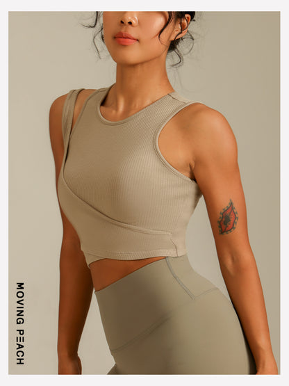MOVING PEACH Women Sports Bra 2-in-1 illusion Slim fit Asymmetrical strap detail Crop Top Soft Fixed Bra Cups Yoga Top Fitness Dance Daily wear CBX