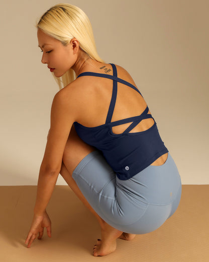 MOVING PEACH Women Sports Tank Top Cross Hollow Back Design Yoga Top Comfort Fixed Bra Cups Gym Pilates Dance Daily wear CVF