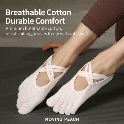 MOVING PEACH Women Sports Sock Breathable Five toe design Yoga Sock Cross Strapping Non-slip Barre Socks