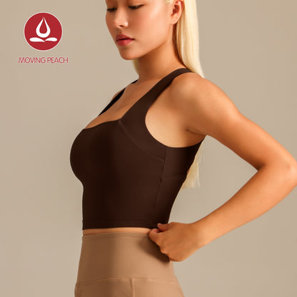 MOVING PEACH Women Sports Tank Top Wide Shoulder Straps Cross-Back Yoga Top Breathable Soft Removable Bra Cups Gym Dance Daily wear BVX2