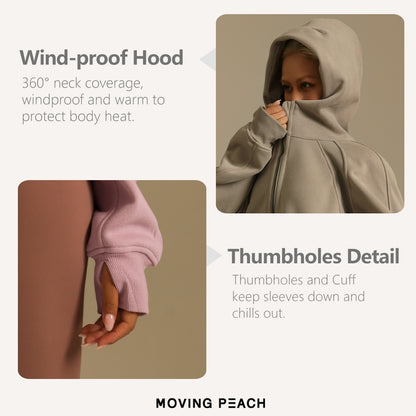 MOVING PEACH Coat for Women Oversized Full-Zip Hoodie Warm Brushed Outdoor Sports Cropped Jacket with Wind-proof Hood BSHL