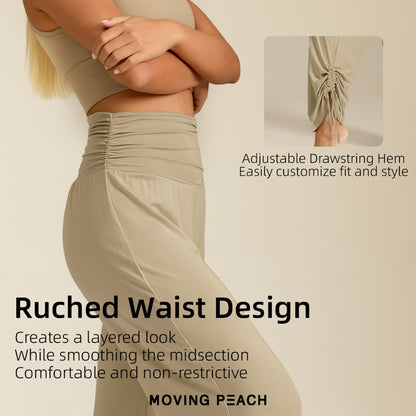 MOVING PEACH Women Loose Yoga Pants High waist Lightweight Adjustable Draped Wide-Leg Pants Quick Dry Comfort Pilates Daily wear ELF