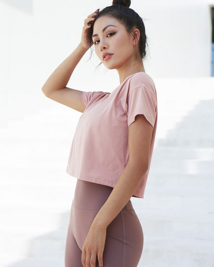 MOVING PEACH Women Fitness T-shirts Sexy Yoga Crop top Loose Quick dry Training Short sleeves BTQ