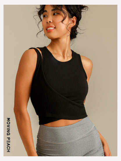 MOVING PEACH Women Sports Bra 2-in-1 illusion Slim fit Asymmetrical strap detail Crop Top Soft Fixed Bra Cups Yoga Top Fitness Dance Daily wear CBX