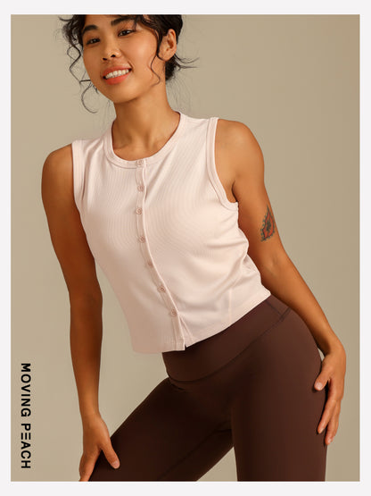 MOVING PEACH Women Sports Tank top Comfort Modal Button-front Ribbed Crop top Breathable Yoga Top Gym Running Dance Daily wear AVK