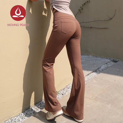 MOVING PEACH Women Flared Pants High-rise Dance Training Bell-bottoms Sports Fitness Back Pockets DLN