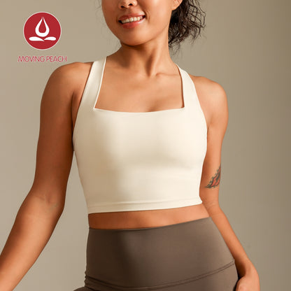MOVING PEACH Women Sports Tank Top Wide Shoulder Straps Cross-Back Yoga Top Breathable Soft Removable Bra Cups Gym Dance Daily wear BVX2