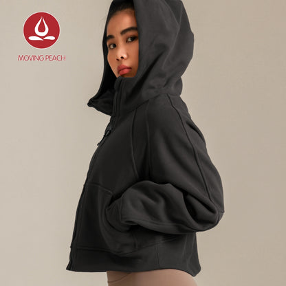 MOVING PEACH Coat for Women Oversized Full-Zip Hoodie Warm Brushed Outdoor Sports Cropped Jacket with Wind-proof Hood BSHL