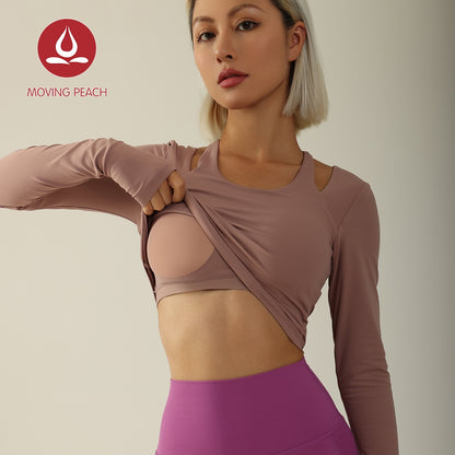 MOVING PEACH Women Halter Top Soft Yoga Sports Longsleeve Removable Cups Pilates Dance Crop Top With Thumbhole ASE