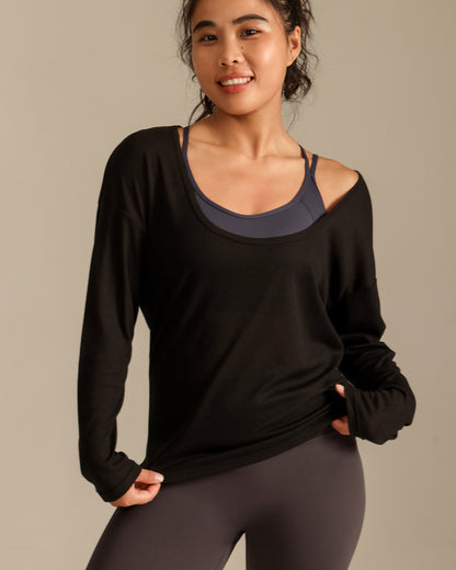 MOVING PEACH Women Yoga Longsleeve Relaxed-Fit Large U-neck Sweatshirt Pilates Dance Sports Daily wear ASO