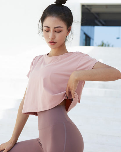 MOVING PEACH Women Fitness T-shirts Sexy Yoga Crop top Loose Quick dry Training Short sleeves BTQ