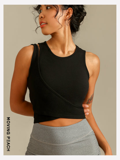 MOVING PEACH Women Sports Bra 2-in-1 illusion Slim fit Asymmetrical strap detail Crop Top Soft Fixed Bra Cups Yoga Top Fitness Dance Daily wear CBX