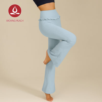 MOVING PEACH Women Flared Pants High-rise Hip-lifting Bell-bottoms with Lace Detail Comfort Yoga Pilates Dance Daily wear ALB