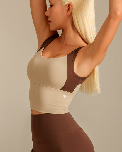 MOVING PEACH Women Sports Bra Soft Wide Shoulder Strap Colorblock Gym Top Breathable Fixed Bra Cups Pilates Yoga Dance Daily wear HBS(new)
