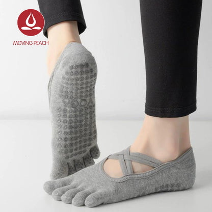 MOVING PEACH Women Sports Sock Breathable Five toe design Yoga Sock Cross Strapping Non-slip Barre Socks