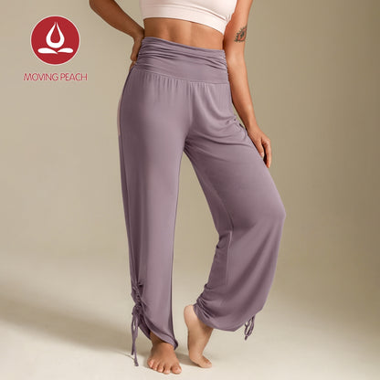 MOVING PEACH Women Loose Yoga Pants High waist Lightweight Adjustable Draped Wide-Leg Pants Quick Dry Comfort Pilates Daily wear ELF