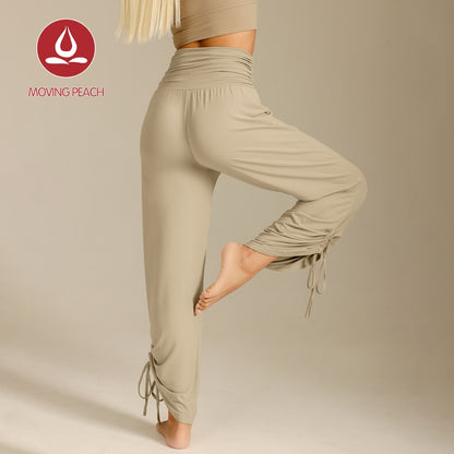 MOVING PEACH Women Loose Yoga Pants High waist Lightweight Adjustable Draped Wide-Leg Pants Quick Dry Comfort Pilates Daily wear ELF