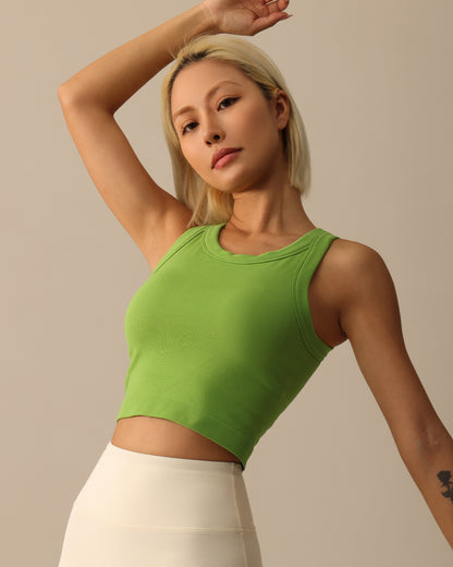 MOVING PEACH Sports Tank Top Ribbed High Neck Crop Top Soft Thick Fabric Slim Fit Racerback Padded Top EVL