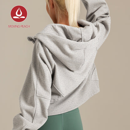 MOVING PEACH Coat for Women Oversized Full-Zip Hoodie Warm Brushed Outdoor Sports Cropped Jacket with Wind-proof Hood BSHL