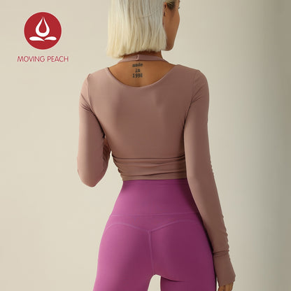MOVING PEACH Women Halter Top Soft Yoga Sports Longsleeve Removable Cups Pilates Dance Crop Top With Thumbhole ASE