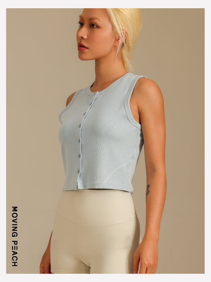 MOVING PEACH Women Sports Tank top Comfort Modal Button-front Ribbed Crop top Breathable Yoga Top Gym Running Dance Daily wear AVK