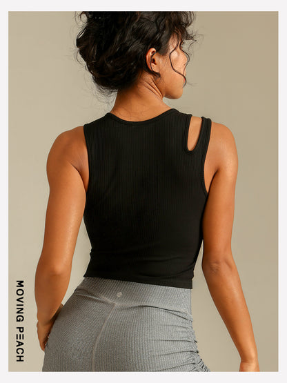 MOVING PEACH Women Sports Bra 2-in-1 illusion Slim fit Asymmetrical strap detail Crop Top Soft Fixed Bra Cups Yoga Top Fitness Dance Daily wear CBX