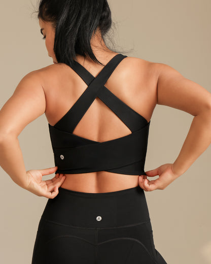 MOVING PEACH Women Sports Tank Top Wide Shoulder Straps Shockproof Cross-Back Crop Top Fixed Bra Cups Fitness Running Dance Daily Wear EVX