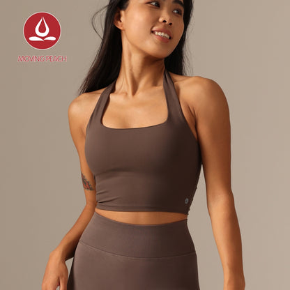 MOVING PEACH Halter Top Yoga Fitness Backless Top Breathable Removable Bra Cups Crop Top Gym Dance Daily Wear BVS2