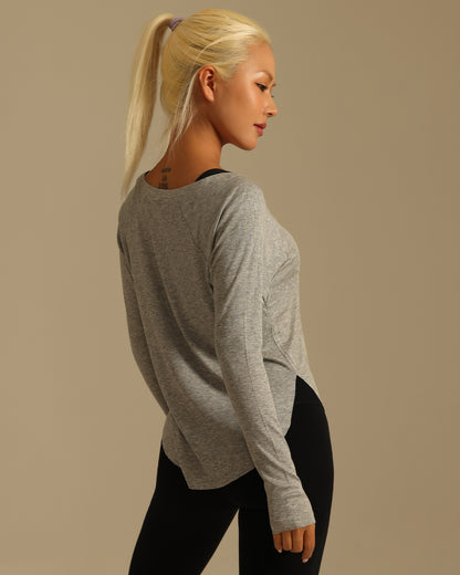 MOVING PEACH Women Sweatshirt Relaxed-Fit Boatneck Yoga Gym Long-Sleeve Shirt Breathable Sweat-wicking Side slits Top Running Dance Daily wear CSE