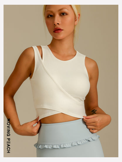 MOVING PEACH Women Sports Bra 2-in-1 illusion Slim fit Asymmetrical strap detail Crop Top Soft Fixed Bra Cups Yoga Top Fitness Dance Daily wear CBX