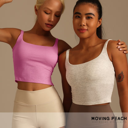 MOVING PEACH Women Sports Tank Top Soft Ribbed Wide Shoulder Straps Yoga Top Removable Bra Cups Fitness Dance Daily Wear CVS